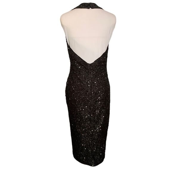 Fashion Nova Faux Wrap Black Sequin Front Slit Halter Dress Open Back Sz M - Picture 2 of 9